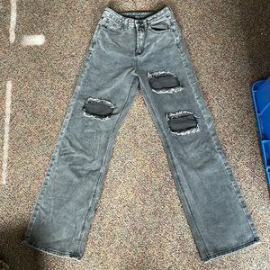 These are Shein’s High waist ripped straight leg jeans in the color dark grey